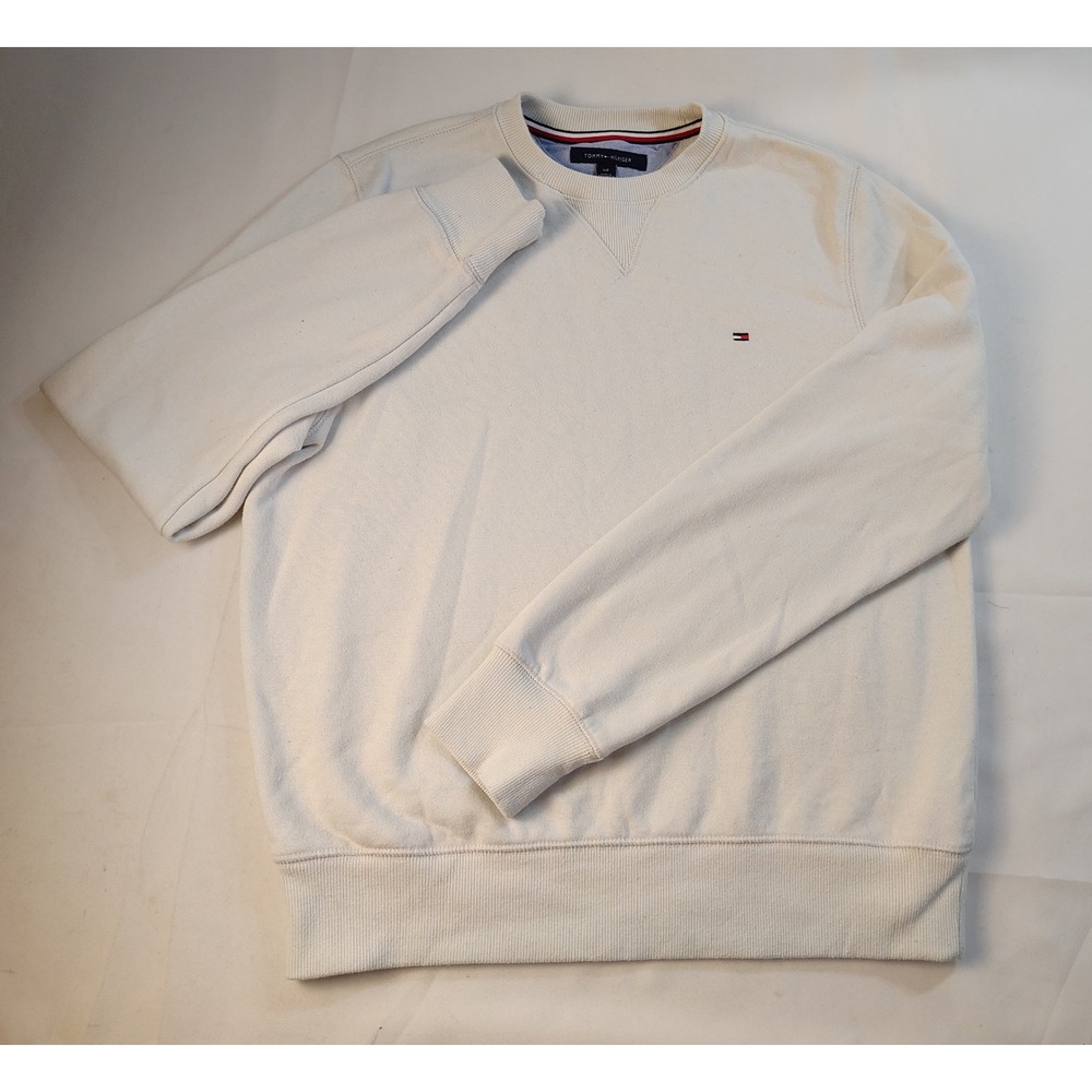 Vintage Tommy Hilfiger Crewneck Sweatshirt Mens Cream Embroidered Flag Logo Sm